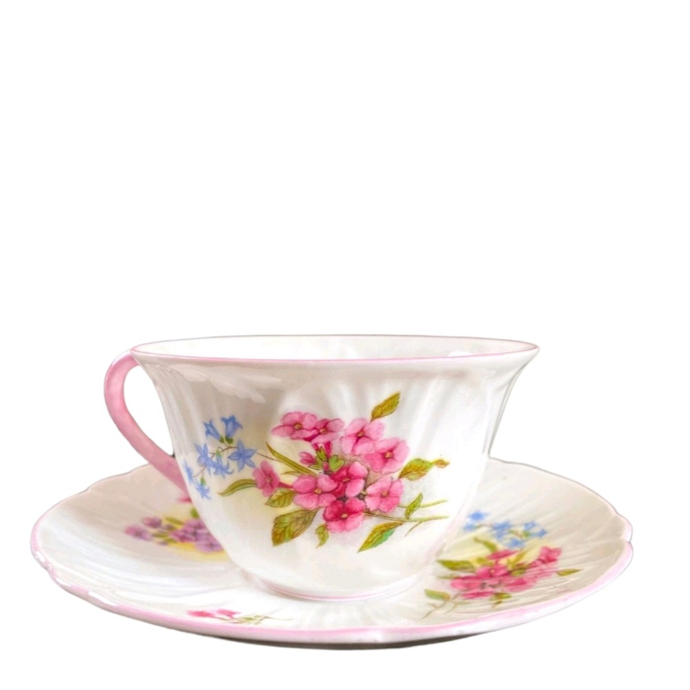 Shelley England Fine Bone China Stocks‎ 13428 Dainty Tea Cup Saucer Set Pink Rim